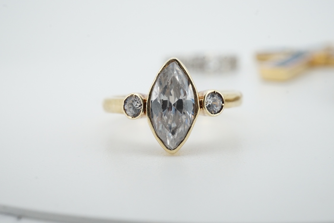 Two modern 9ct gold and cubic zirconia set rings, including white gold, two other simulated diamond set rings, together with an Italian cross pendant, a cameo brooch and an oval gilt metal locket.